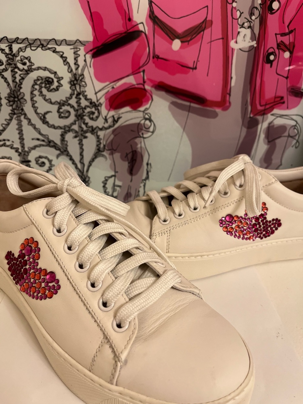 Stuart Weitzman White Leather Sneakers with Red and Pink Crystal Heart Accents